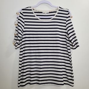 Retrology Marine Nautical Off white Navy Striped Bohemian‎ Short Sleeve Tee M